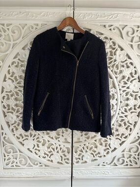 Forever 21 Bouclé Moto Jacket Medium Navy Blue Textured Zip Coat
